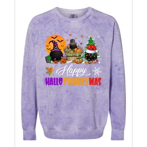 Witch Pilgrim Santa Ice Hockey Pucks Happy Hallothanksmas Great Gift Colorblast Crewneck Sweatshirt