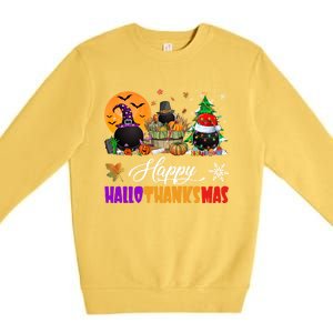 Witch Pilgrim Santa Ice Hockey Pucks Happy Hallothanksmas Great Gift Premium Crewneck Sweatshirt