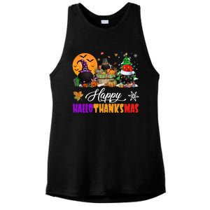 Witch Pilgrim Santa Ice Hockey Pucks Happy Hallothanksmas Great Gift Ladies PosiCharge Tri-Blend Wicking Tank