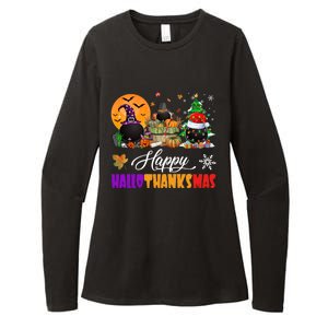 Witch Pilgrim Santa Ice Hockey Pucks Happy Hallothanksmas Great Gift Womens CVC Long Sleeve Shirt