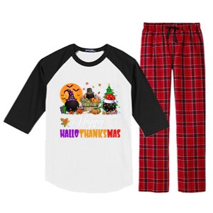 Witch Pilgrim Santa Ice Hockey Pucks Happy Hallothanksmas Great Gift Raglan Sleeve Pajama Set