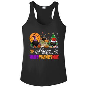 Witch Pilgrim Santa Ice Hockey Pucks Happy Hallothanksmas Great Gift Ladies PosiCharge Competitor Racerback Tank