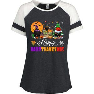 Witch Pilgrim Santa Ice Hockey Pucks Happy Hallothanksmas Great Gift Enza Ladies Jersey Colorblock Tee