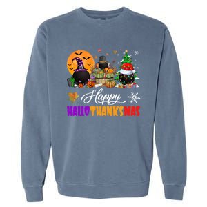 Witch Pilgrim Santa Ice Hockey Pucks Happy Hallothanksmas Great Gift Garment-Dyed Sweatshirt