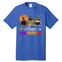 Witch Pilgrim Santa Ice Hockey Pucks Happy Hallothanksmas Great Gift Tall T-Shirt