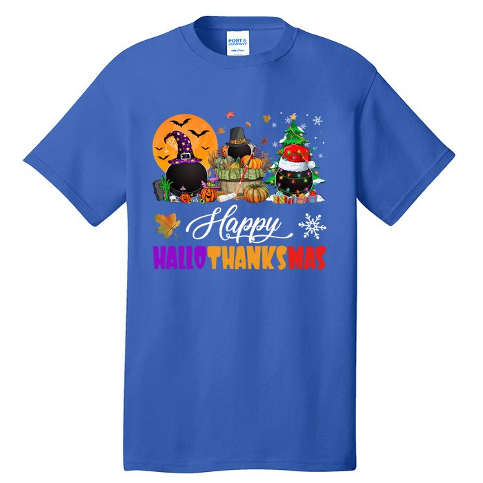 Witch Pilgrim Santa Ice Hockey Pucks Happy Hallothanksmas Great Gift Tall T-Shirt