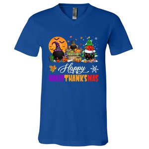 Witch Pilgrim Santa Ice Hockey Pucks Happy Hallothanksmas Great Gift V-Neck T-Shirt