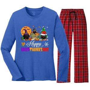 Witch Pilgrim Santa Ice Hockey Pucks Happy Hallothanksmas Great Gift Women's Long Sleeve Flannel Pajama Set 