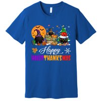 Witch Pilgrim Santa Ice Hockey Pucks Happy Hallothanksmas Great Gift Premium T-Shirt