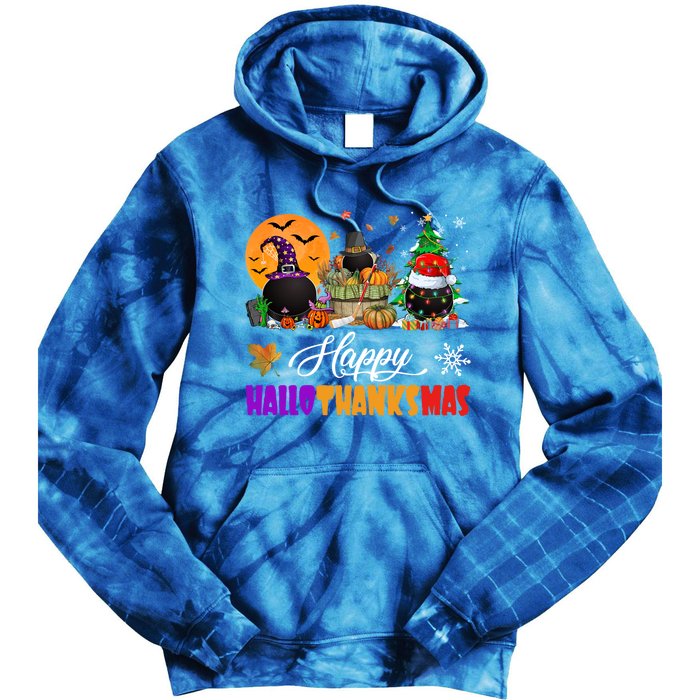 Witch Pilgrim Santa Ice Hockey Pucks Happy Hallothanksmas Great Gift Tie Dye Hoodie