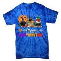 Witch Pilgrim Santa Ice Hockey Pucks Happy Hallothanksmas Great Gift Tie-Dye T-Shirt