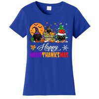 Witch Pilgrim Santa Ice Hockey Pucks Happy Hallothanksmas Great Gift Women's T-Shirt