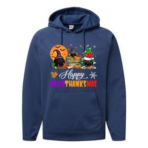 Witch Pilgrim Santa Ice Hockey Pucks Happy Hallothanksmas Great Gift Performance Fleece Hoodie