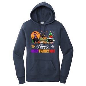 Witch Pilgrim Santa Ice Hockey Pucks Happy Hallothanksmas Great Gift Women's Pullover Hoodie