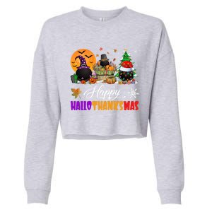 Witch Pilgrim Santa Ice Hockey Pucks Happy Hallothanksmas Great Gift Cropped Pullover Crew