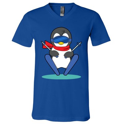 Winter Penguin Ski Skier Skiing Gift V-Neck T-Shirt