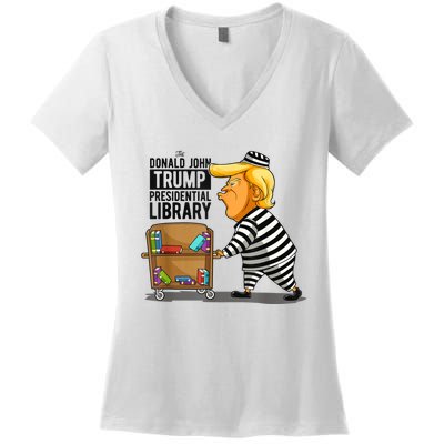 Womens Prison Trump Presidential Library Funny Anti Trump Women's V-Neck T-Shirt