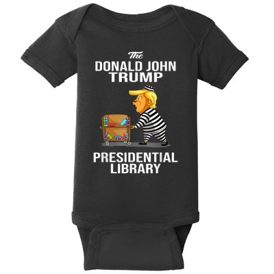 Womens Prison Trump Presidential Library Funny Anti Trump Baby Bodysuit