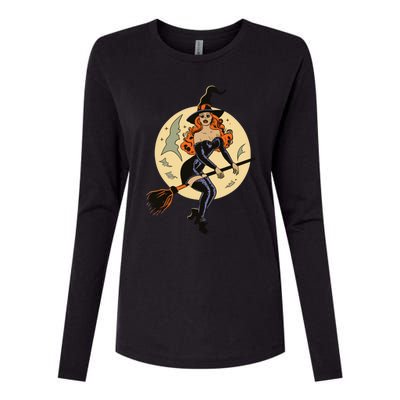 Witch Pin Up Retro Vintage Pumpkin Womens Cotton Relaxed Long Sleeve T-Shirt