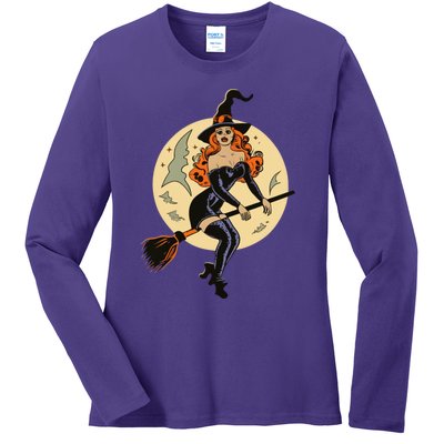 Witch Pin Up Retro Vintage Pumpkin Ladies Long Sleeve Shirt