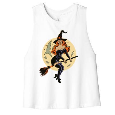 Witch Pin Up Retro Vintage Pumpkin Women's Racerback Cropped Tank