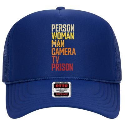 Womens Person Woman Man Camera TV Prison Haha Funny Anit Trump High Crown Mesh Back Trucker Hat