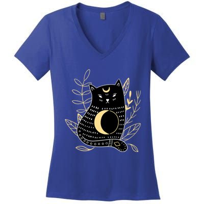 Wiccan Pagan Witch Crescent Moon Black Cat Familiar Cool Gift Women's V-Neck T-Shirt