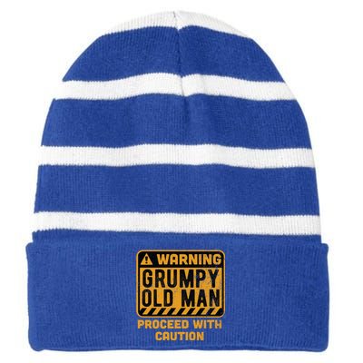 Warning Proceed With Caution Grumpy Old Father Day Gift Striped Beanie with Solid Band