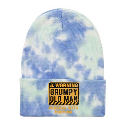 Warning Proceed With Caution Grumpy Old Father Day Gift Tie Dye 12in Knit Beanie