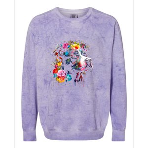 Watercolor Pitbull With Flowers Funny Gift Colorblast Crewneck Sweatshirt