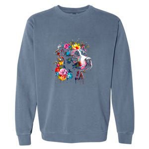 Watercolor Pitbull With Flowers Funny Gift Garment-Dyed Sweatshirt