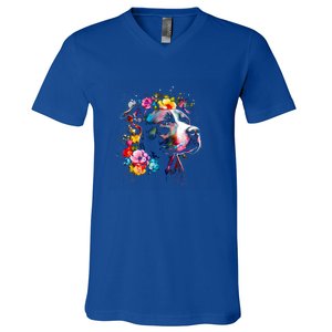 Watercolor Pitbull With Flowers Funny Gift V-Neck T-Shirt