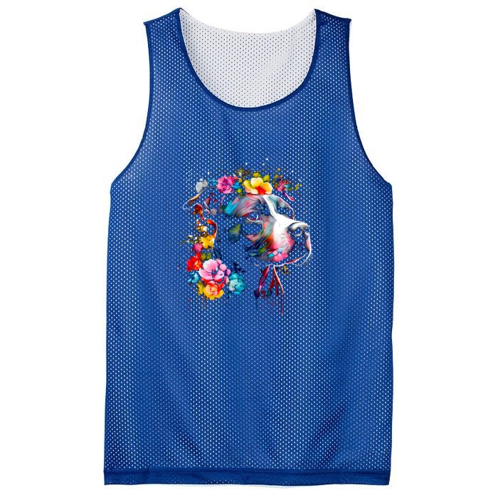 Watercolor Pitbull With Flowers Funny Gift Mesh Reversible Basketball Jersey Tank