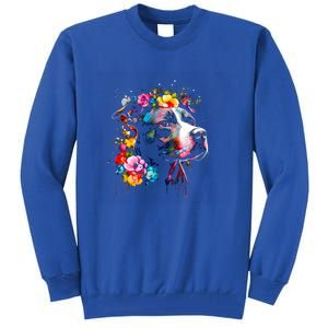 Watercolor Pitbull With Flowers Funny Gift Tall Sweatshirt