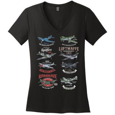 Ww2 Planes Warbirds Warplanes F4u Corsair P 47 Thunderbolt Women's V-Neck T-Shirt