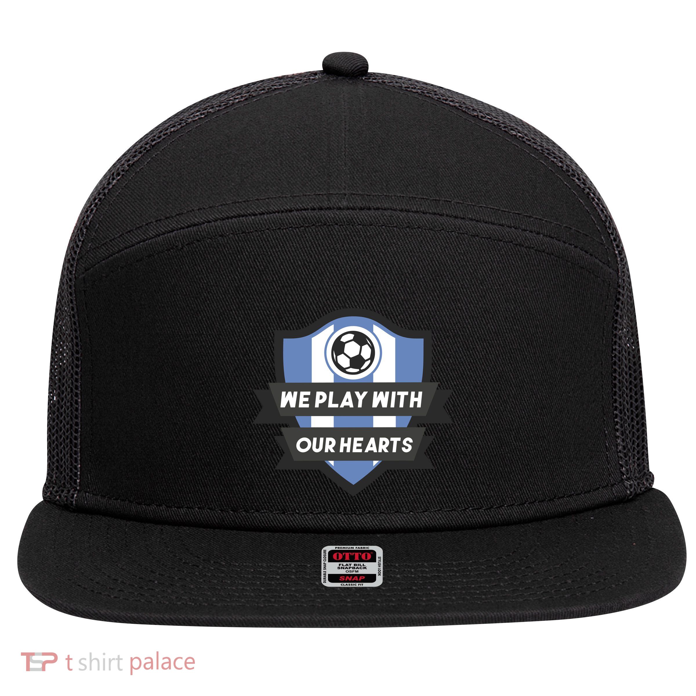 We Play With Our Hearts Soccer Player 7 Panel Mesh Trucker Snapback Hat