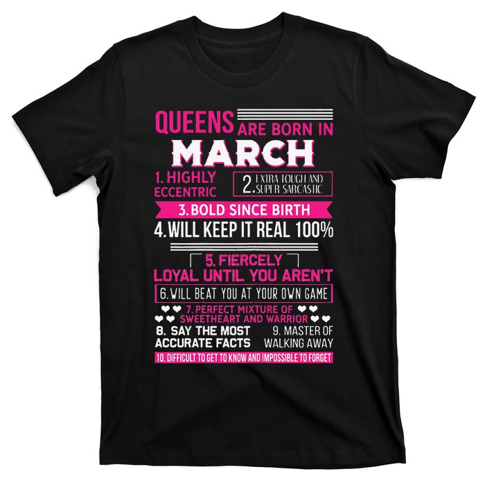 Wo Queens Are Born In March 10 Facts Funny & Cute Birthday gift T-Shirt