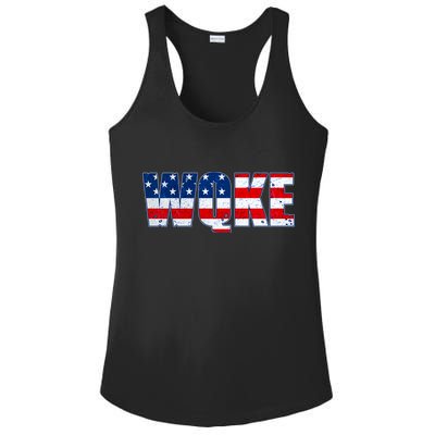 WQKE Woke QAnon American Flag Ladies PosiCharge Competitor Racerback Tank