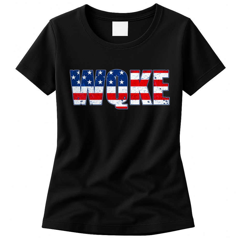 WQKE Woke QAnon American Flag Womens T-Shirt