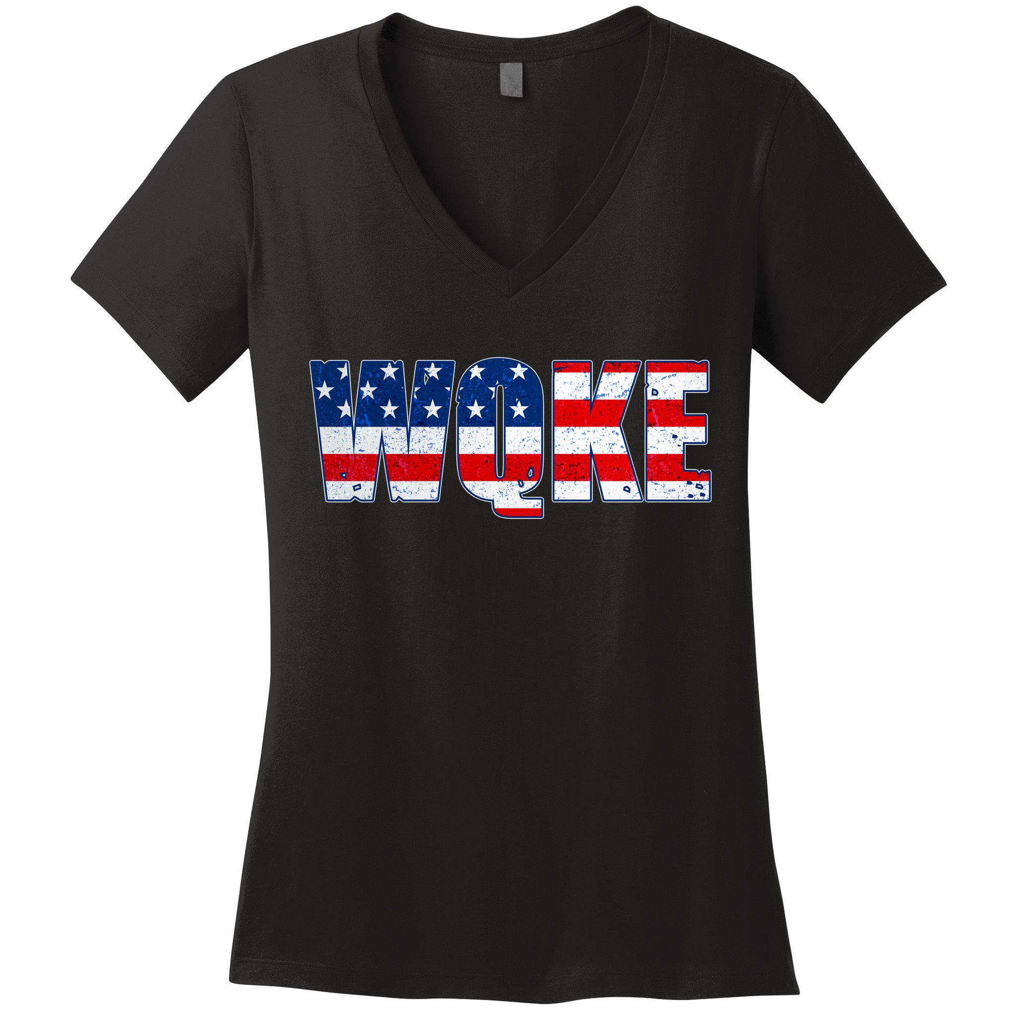WQKE Woke QAnon American Flag Women's V-Neck T-Shirt