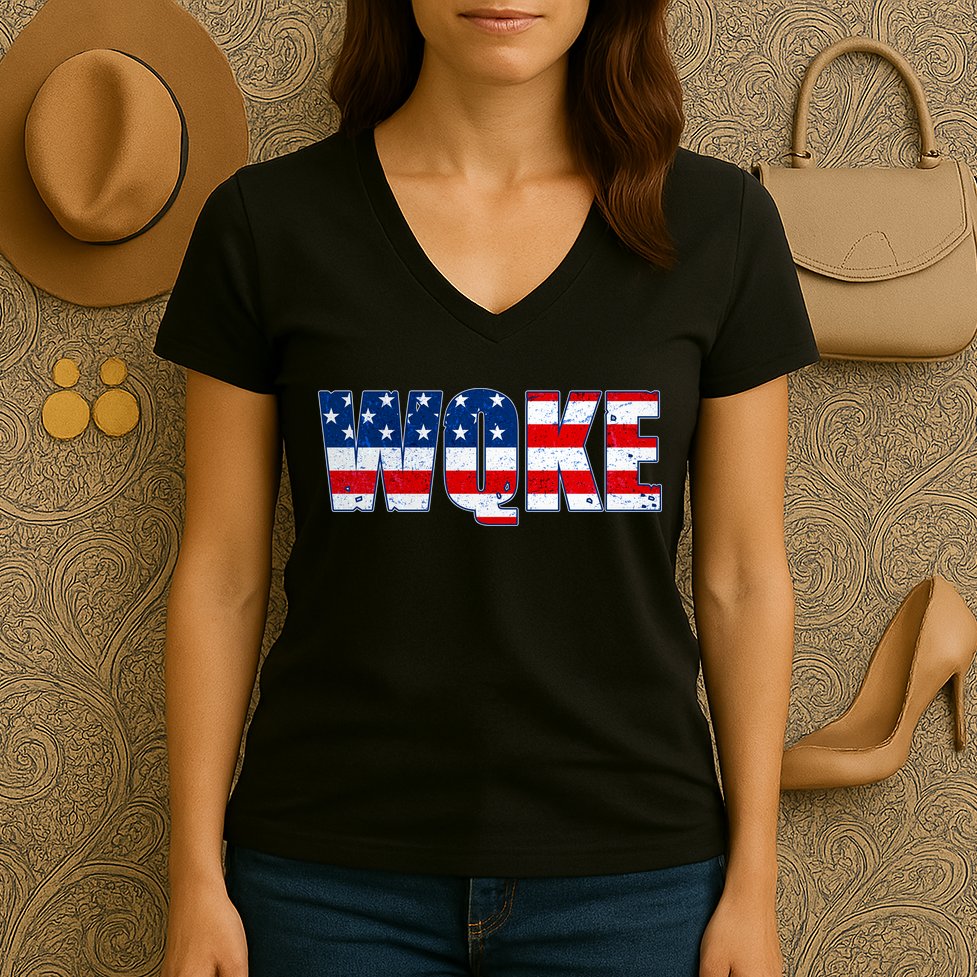 WQKE Woke QAnon American Flag Women's V-Neck T-Shirt