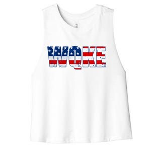 WQKE Woke QAnon American Flag Women's Racerback Cropped Tank