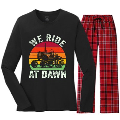 We Ride At Dawn Lawn Mower Farmer Dad Tractor Yard Work Women's Long Sleeve Flannel Pajama Set 