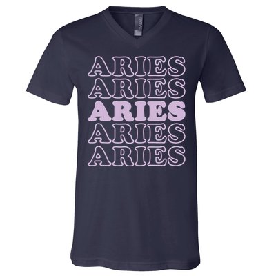 Womens Retro Aries Zodiac Birthday Purple Lilac Lavender March Cute V-Neck T-Shirt