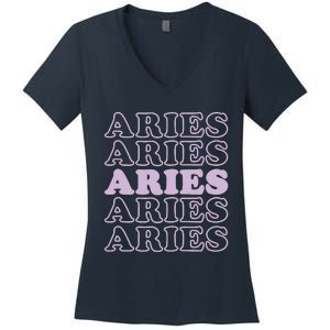 Womens Retro Aries Zodiac Birthday Purple Lilac Lavender March Cute Women's V-Neck T-Shirt