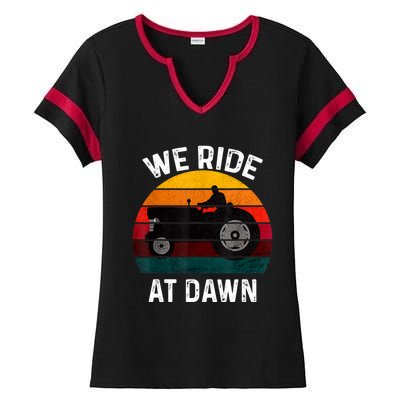 We Ride At Dawn Lawn Mower Lawn Mowing Dad Yard Work For Men Ladies Halftime Notch Neck Tee