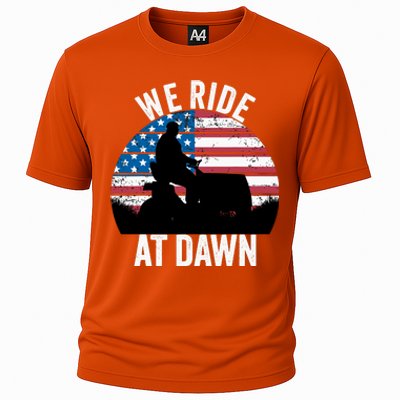 We Ride At Dawn Lawnmower Lawn Mowing Funny Dad Cooling Performance Crew T-Shirt