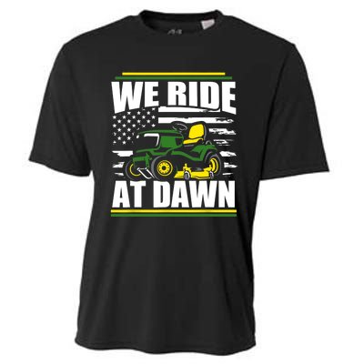 We Ride At Dawn Funny Lawn Mower American Flag Father's Day Cooling Performance Crew T-Shirt