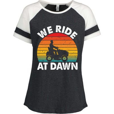 We Ride At Dawn Lawnmower Lawn Mowing Funny Dad Vintage Enza Ladies Jersey Colorblock Tee