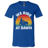 We Ride At Dawn Lawnmower Lawn Mowing Funny Dad Vintage V-Neck T-Shirt